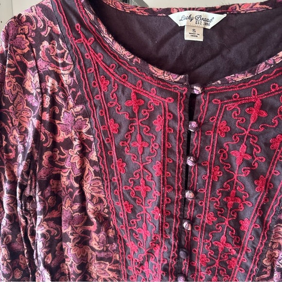 Lucky Brand Brown Peach Orange Floral Embroidered Blouse Size Small - Picture 2 of 7
